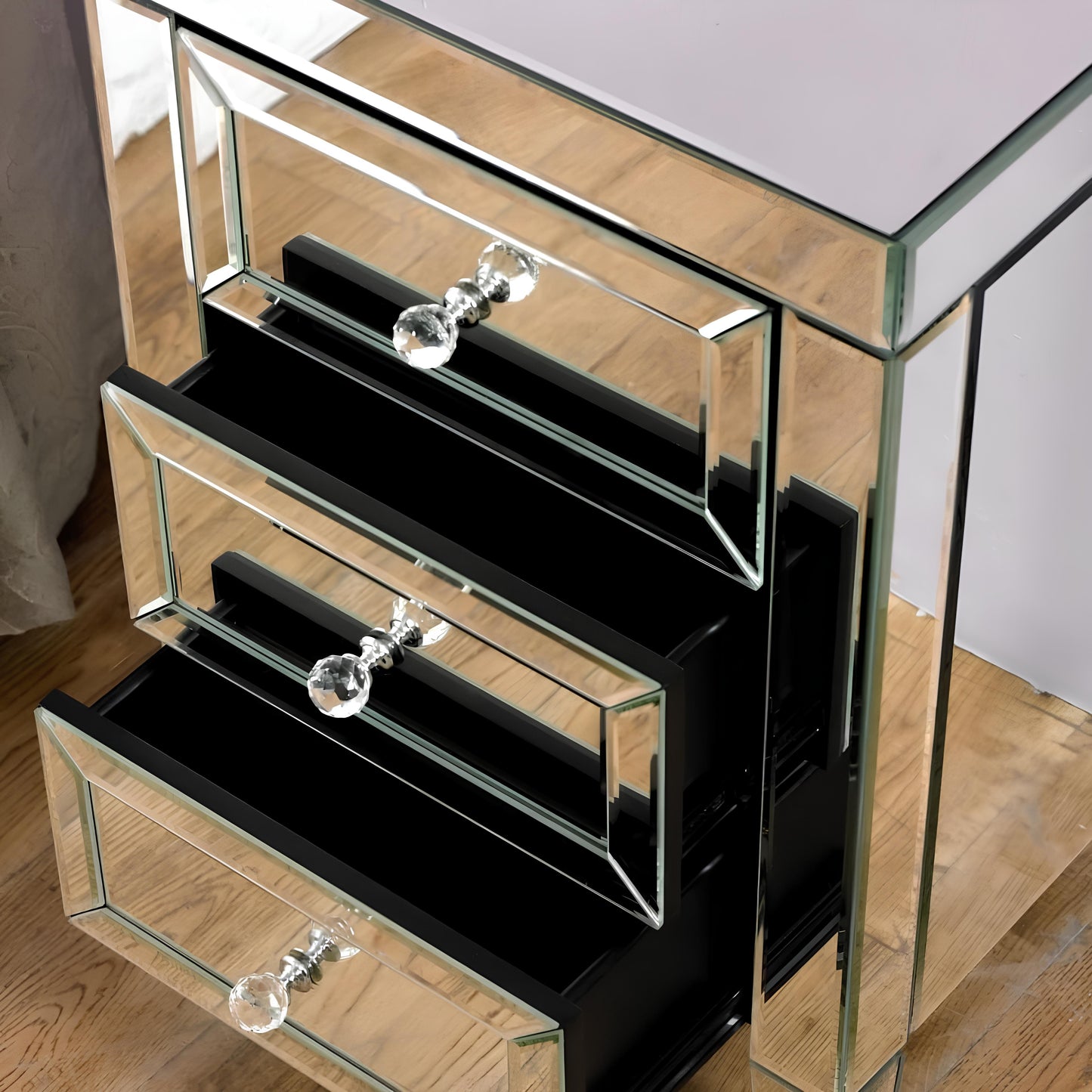 Valencia Mirrored Bedside Table – 3 Drawer Nightstand