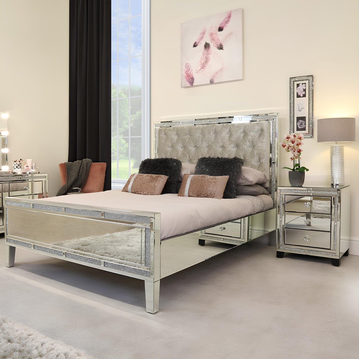 Valencia Mirrored Bedside Table – 3 Drawer Nightstand