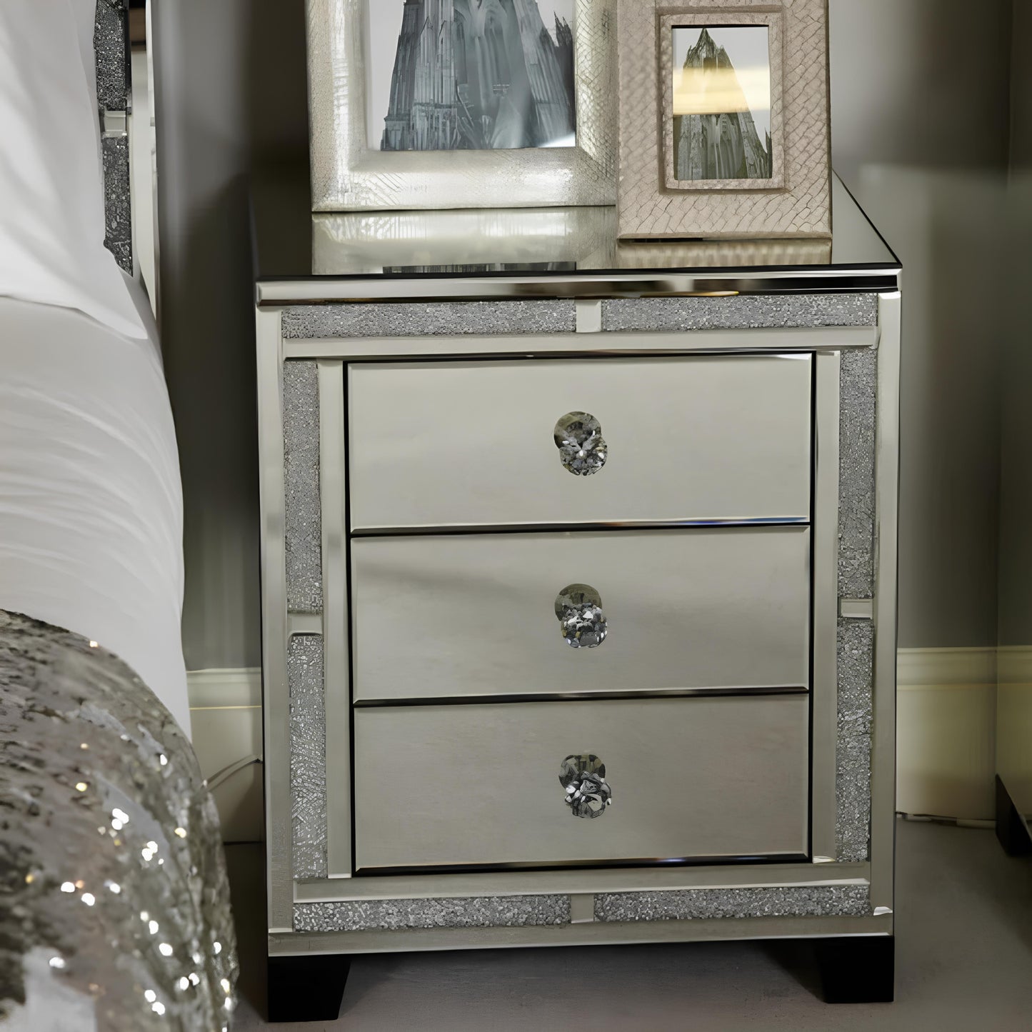 Valencia Mirrored Bedside Table – 3 Drawer Nightstand