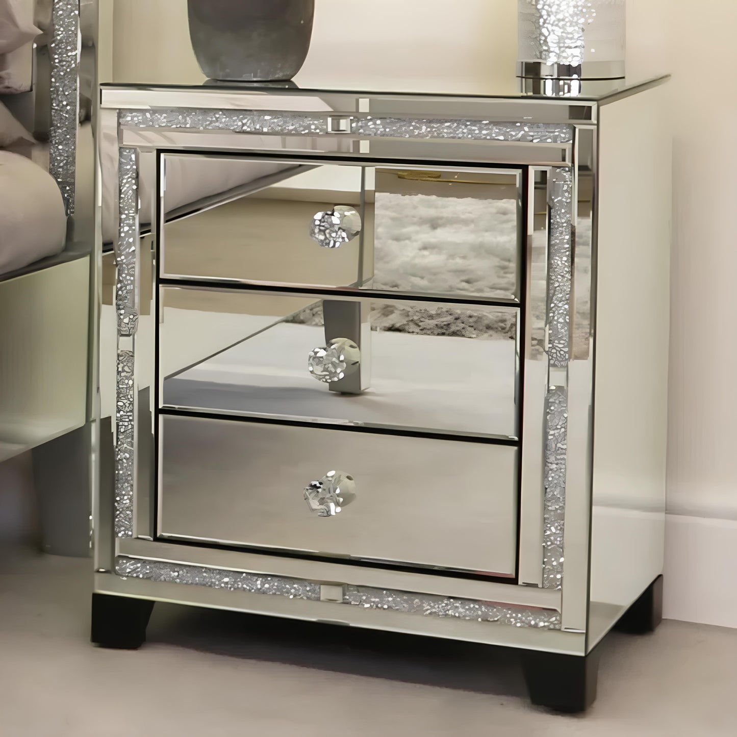 Valencia Mirrored Bedside Table – 3 Drawer Nightstand