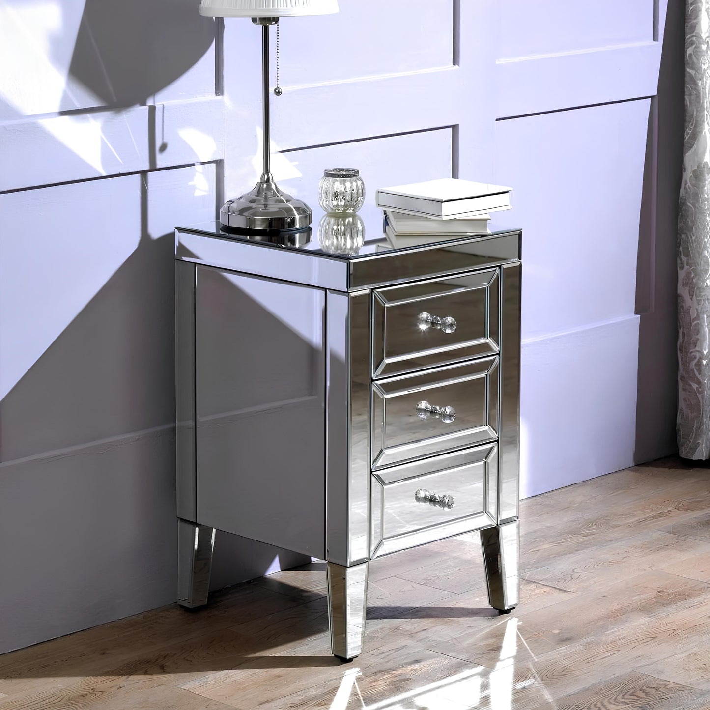 Valencia Mirrored Bedside Table – 3 Drawer Nightstand