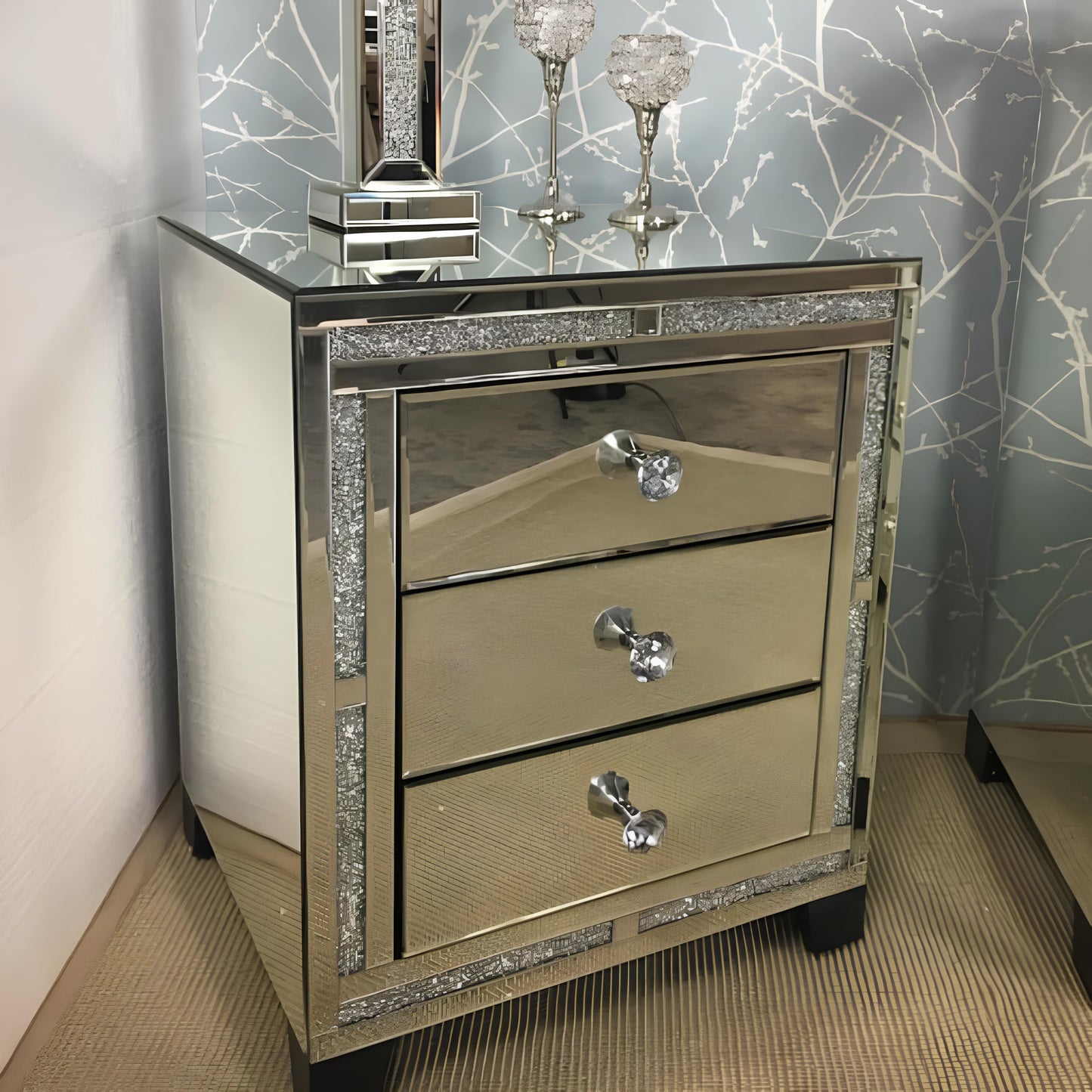 Valencia Mirrored Bedside Table – 3 Drawer Nightstand