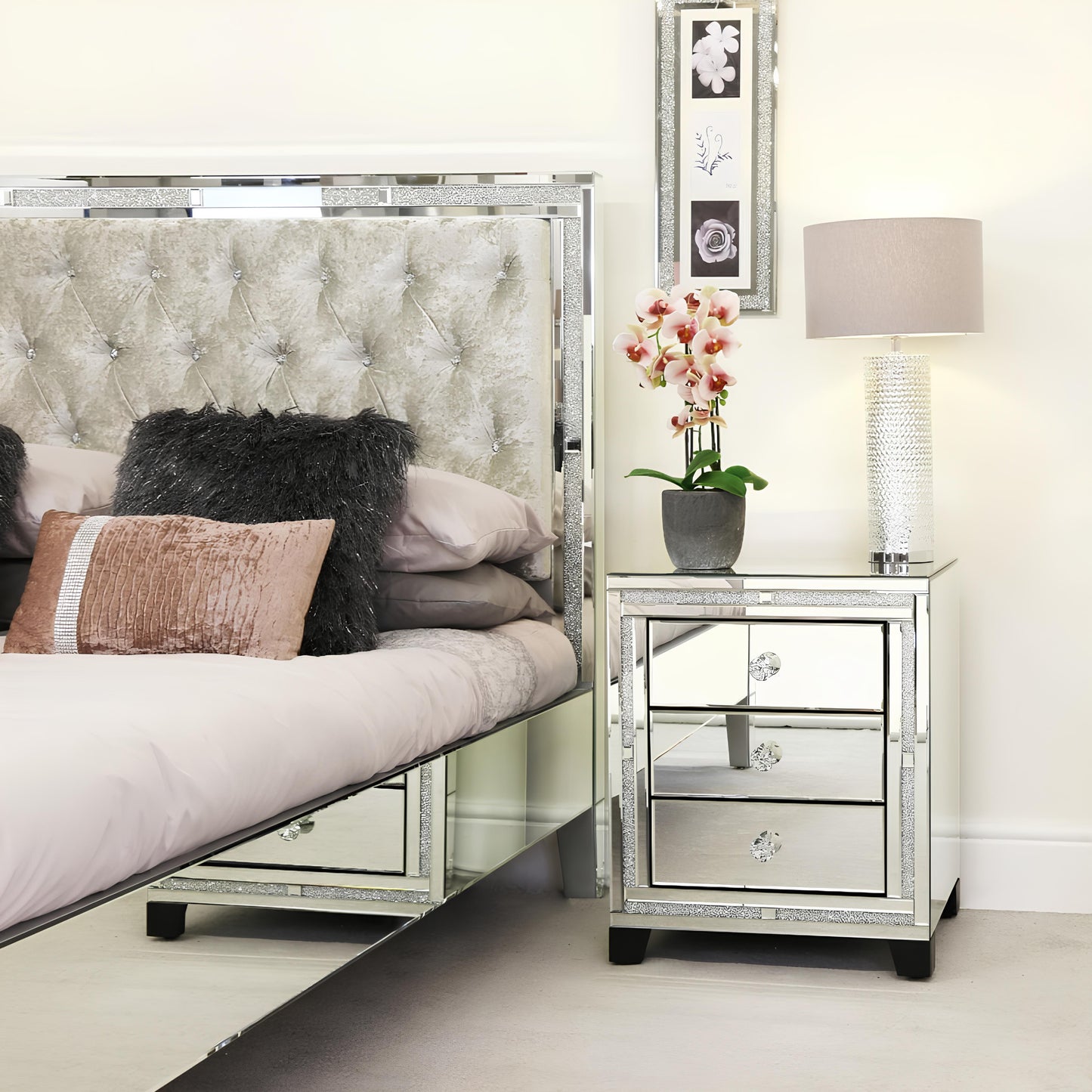 Valencia Mirrored Bedside Table – 3 Drawer Nightstand