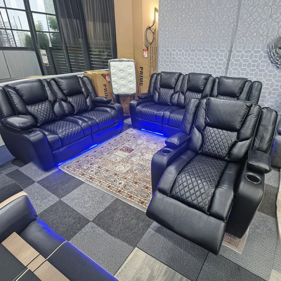 Orlando Electric Recliner 3+2 Seater Leather Sofa with LED Lights & Wireless Charging – Luxury UK Living