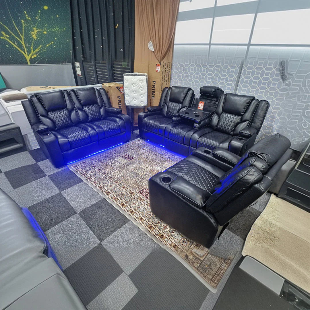 Orlando Electric Recliner 3+2 Seater Leather Sofa with LED Lights & Wireless Charging – Luxury UK Living