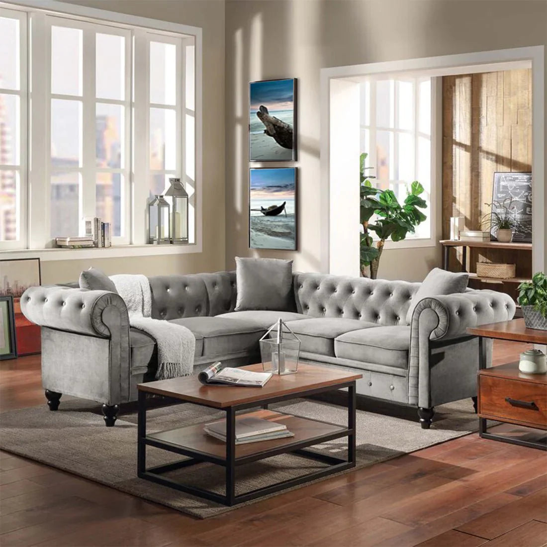 Glacier Solid Wood Fabric L Shape Chesterfield Sofa – Heaven Furnishing